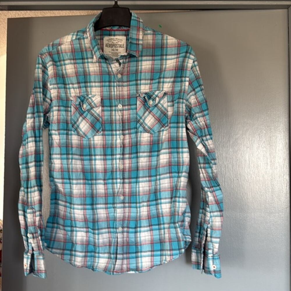 Aeropostale Y2K Women's Blue Plaid Button Up Shirt Top Long Sleeves sz M